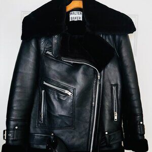 WALTER BAKER Celine Leather Biker Jacket Size L Black Belted Faux Fur Lined